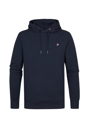 Marineblauwe pulloverhoodie met een voorvak in kangoeroestijl, verstelbare trekkoorden aan de capuchon en een klein rond logo op de linkerborst.