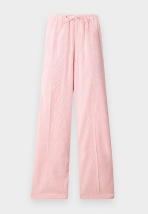 Pantalones de pierna ancha en color rosa claro, confeccionados en una tela suave, con una cinturilla elástica y cordón para un ajuste regulable y una textura sutil.