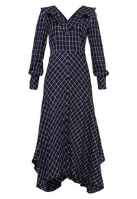 Granatowa sukienka w beżową kratkę, z długimi rękawami, falbaniastym szerokim kołnierzem, z zapięciem na guziki z przodu i asymetrycznym rozkloszowanym dołem.