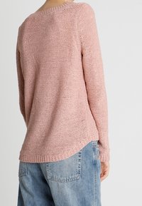 Person, der einen lässigen rosa Strickpullover und hellblaue Jeans trägt, von hinten vor einem schlichten Hintergrund gezeigt.