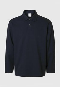Temno moderna polo majica z dolgimi rokavi, izdelana iz strukturiranega blaga, s klasičnim ovratnikom, dvema gumboma na zapenjanju in prilegajočim krojem.