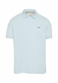Hellblaues Poloshirt aus atmungsaktivem Stoff, mit klassischem Kragen, kurzen Ärmeln und einem kleinen gestickten Logo auf der Brust.