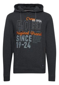 Hooded sweatshirt in dark gray, featuring mixed typography in white, orange, and blue. Includes drawstrings and ribbed cuffs and hem.