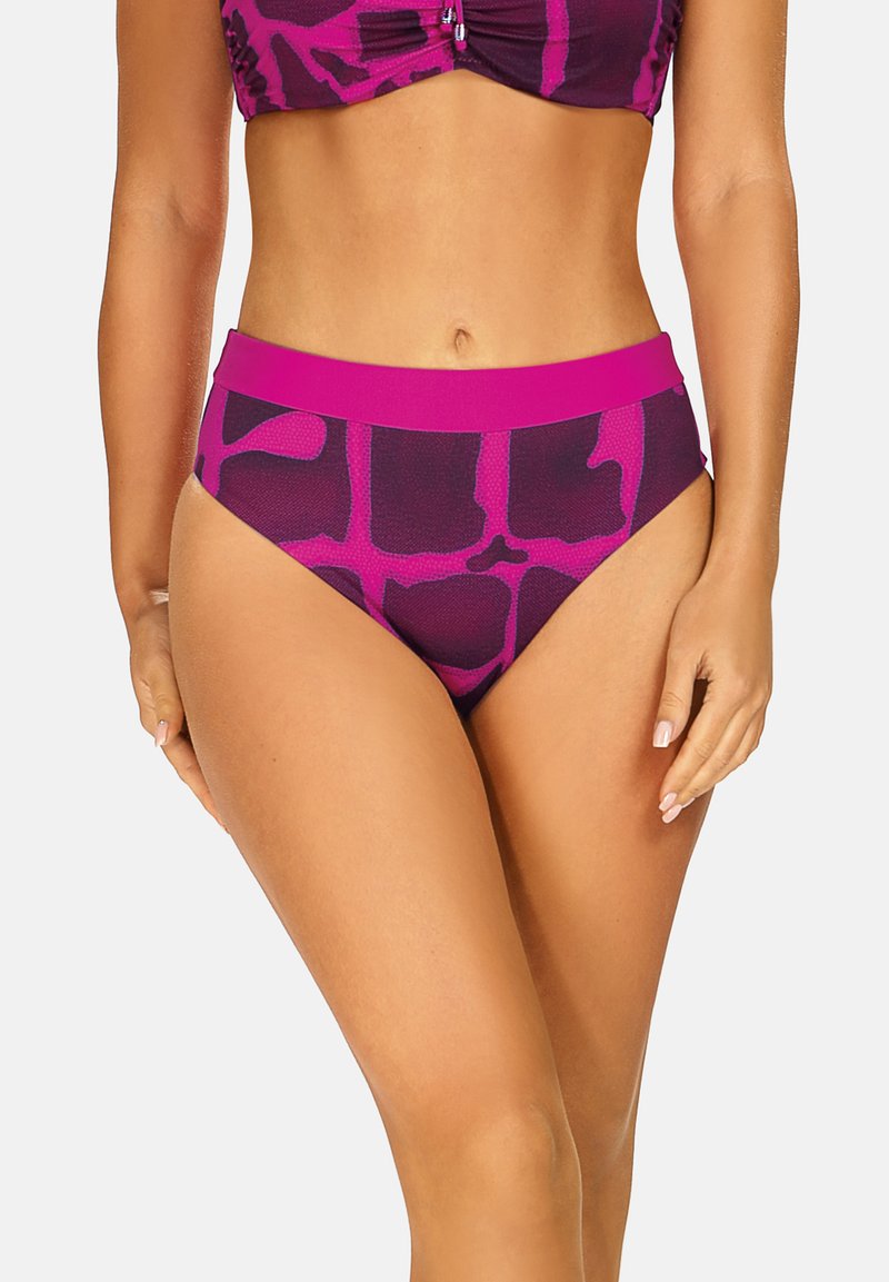 Majtki bikini o wysokim stanie w głębokim purpurowym i fuksjowym kolorze z geometrycznym wzorem i gładkim pasem, wykonane z elastycznego materiału.