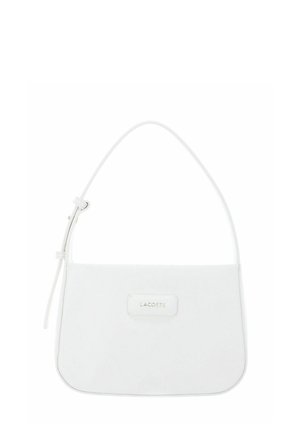 White Lacoste shoulder bag with adjustable strap and gold logo plaque on front, rectangular with rounded bottom edges.