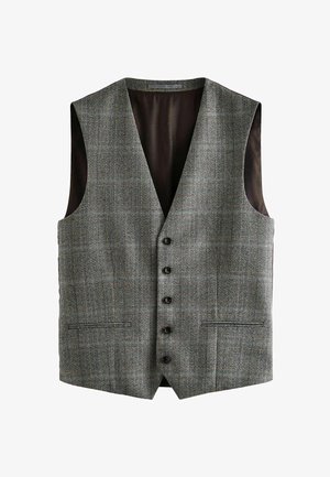 Gilet à carreaux gris avec un col en V, six boutons noirs et deux poches avant. Doublure intérieure en tissu foncé, offrant une coupe structurée.
