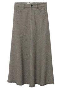 Jupe longue évasée en tissu tissé texturé avec un motif pied-de-poule. Elle présente une fermeture à boutons sur le devant et un détail d'ourlet effiloché.