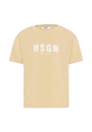 Camiseta beige de manga corta con cuello redondo y texto blanco "MSGM MILANO" impreso en el pecho.
