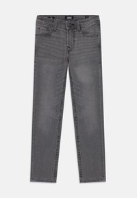 Gray denim jeans with a straight fit, five pockets, button closure, and subtle fading, featuring stitching along the seams and edges.