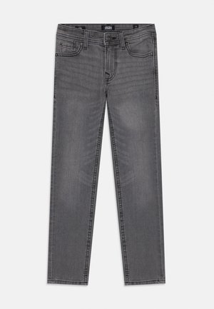 Gray denim jeans with a straight fit, five pockets, button closure, and subtle fading, featuring stitching along the seams and edges.