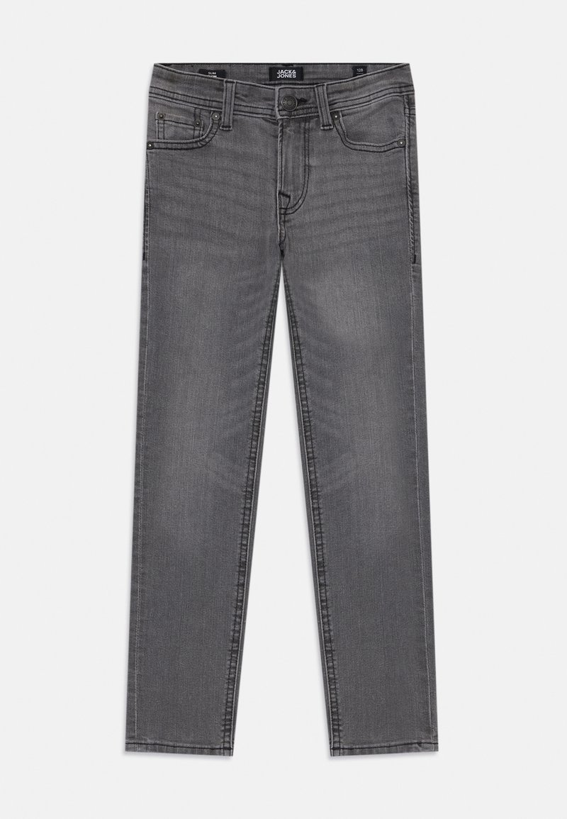 Gray denim jeans with a straight fit, five pockets, button closure, and subtle fading, featuring stitching along the seams and edges.