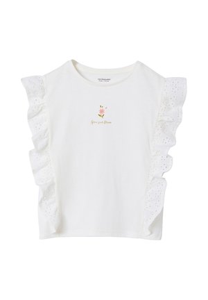 Weißes kurzärmeliges Mädchentop mit augearbeiteter Rüscheneinfassung an den Ärmeln und einer kleinen rosa Blume mit dem Text "Grow your Dream" auf der Brust.