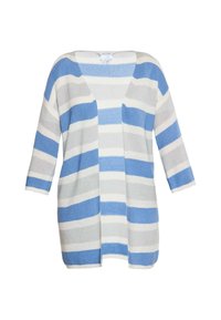 Gestreifte Strickjacke in Hellgrau, Weiß und Blau. Sie hat einen entspannten Schnitt, 3/4-Ärmel, ein offenes Design und eine gestrickte Textur.
