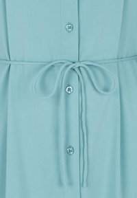 Ljusblå skjortklänning med knappfront och knyt i midjan. Mjukt tyg med subtil textur och rundade, glänsande knappar.