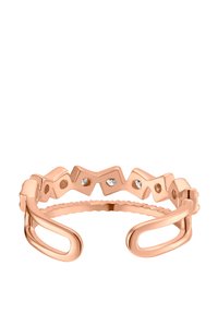 Rings i rosagull med zigzag-design, dekorert med små klare steiner, med en jevn, teksturert overflate og åpne ender for justerbarhet.