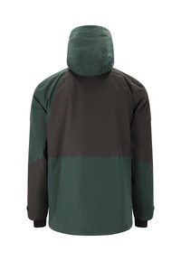 Veste imperméable verte et marron avec capuche. Présente un design bicolore, des manches longues et des poignets élastiques pour un ajustement confortable.