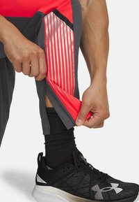 Gray athletic pants featuring a red inner lining with vertical stripes. Adjustable zipper at the lower leg and black athletic socks and shoes.
