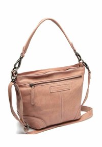 Borsa a tracolla rosa in pelle con un unico manico superiore, tracolla regolabile, tasca frontale con zip e superficie lavorata. Presenta accenti in metallo.