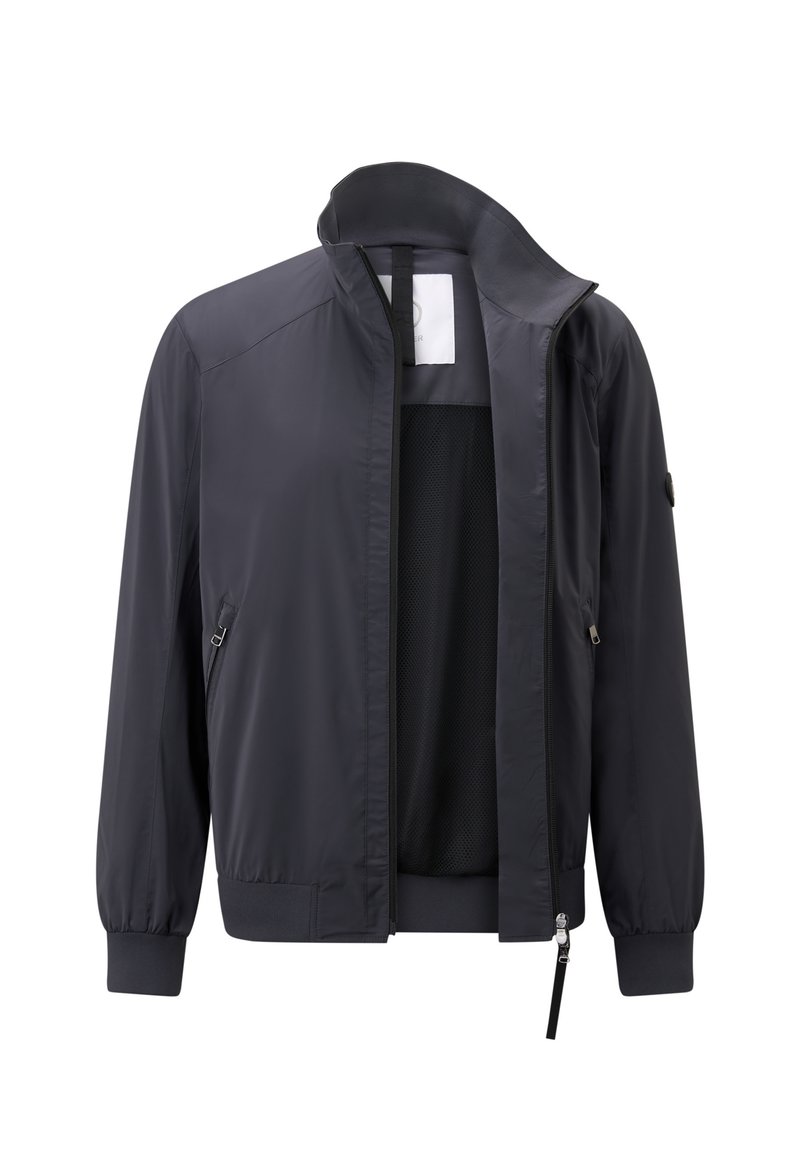 Marineblau bomberjacke mit hohem Kragen, Reißverschluss vorne, Seitentaschen und gerippten Bündchen. Verfügt über ein Mesh-Futter für Atmungsaktivität.