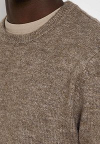 Gros plan sur une personne portant un pull beige à col rond superposé à une chemise beige clair, montrant un tissu tricoté texturé et un col côtelé.