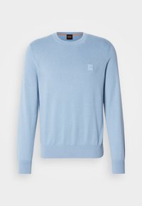 Pull bleu clair à manches longues et col rond, avec poignets et ourlet côtelés, comportant un petit patch logo carré sur la poitrine gauche.