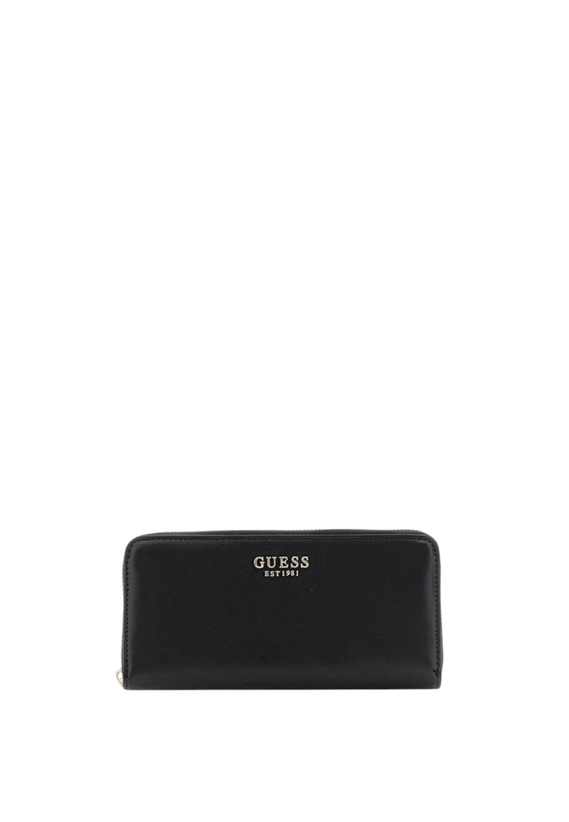 Cartera negra hecha de suave cuero sintético, con cierre de cremallera, que presenta un logo en tono dorado y una forma rectangular elegante.