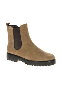 Bruine suede enkellaars met elastische zijpanelen, afgeronde neus en zwarte geribbelde rubberen zool. Naaddetails op de bovenkant met een trekriem.