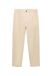 Beige chinos vyrobené z měkké bavlněné směsi, s elastickým pasem, bočními a zadními kapsami a rovnými nohavicemi.