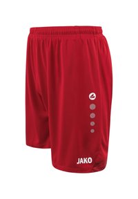 Rode sportshorts van lichtgewicht materiaal, met een elastische tailleband, logo aan de zijkant en een contrasterend accentpatroon langs de zoom.