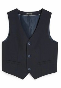 Navy vest made of fabric with a smooth texture, featuring a V-neck, four buttons, and two side pockets, lined with a dark interior.