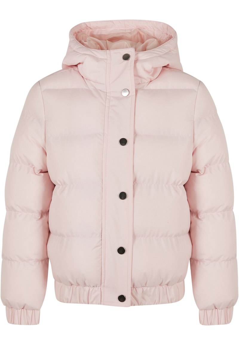 Rosa puffjacka med huva, med ett quiltat mönster, svarta tryckknappar och elastiska ärmslut och nederkant för en snug passform.