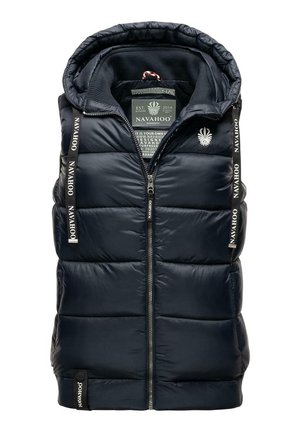Tumesinine puffer vest kapuutsiga, kootud tekstuuriga, ees lukuga ja logomotiividega rihmadel. Sees on silt brändi informatsiooniga.