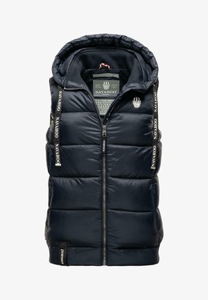 Mørkeblå quiltet puffer vest med hætte, frontlynlås og logo-detaljer på stropperne. Indeholder en label med brandinformation.