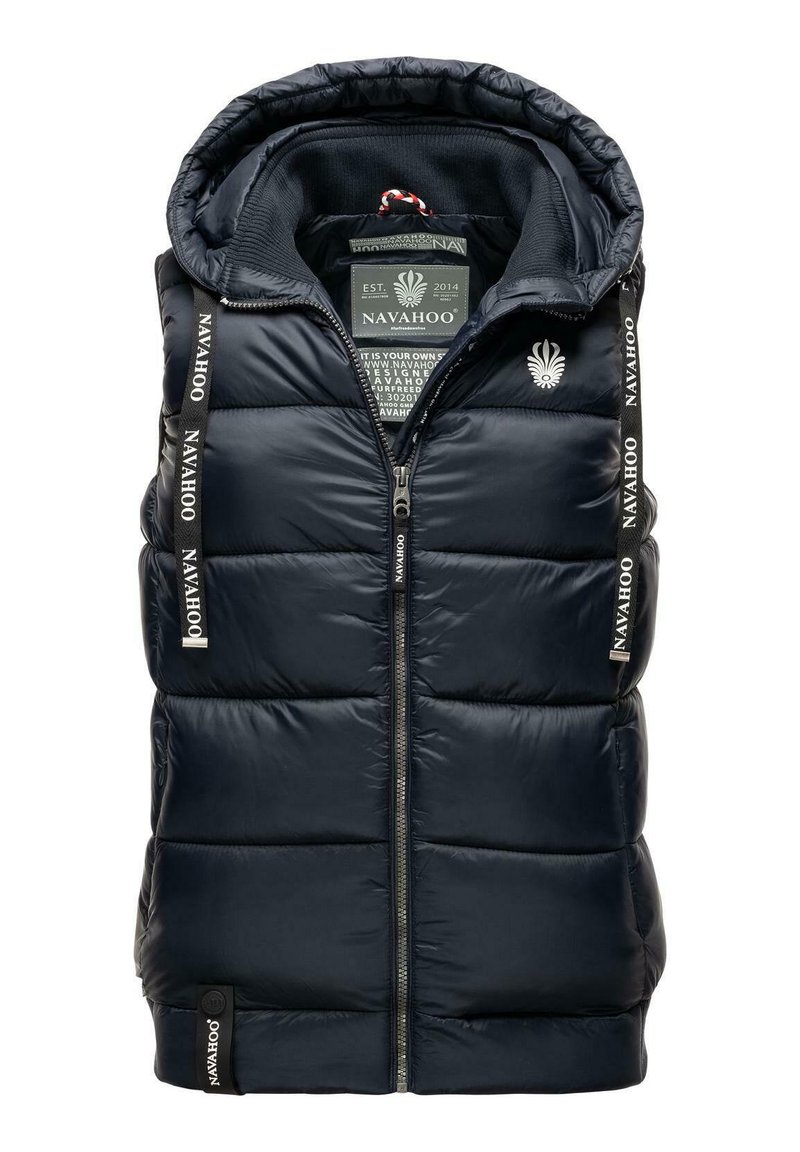 Tumesinine puffer vest kapuutsiga, kootud tekstuuriga, ees lukuga ja logomotiividega rihmadel. Sees on silt brändi informatsiooniga.