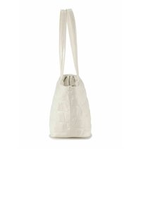 Witte handtas van nep leer met een getextureerd krokodillenpatroon, voorzien van twee glanzende bandjes en een afgeronde basis.