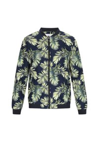 Giacca bomber navy con zip, caratterizzata da una stampa verde con foglie di palma e polsini e orlo a coste. Tessuto morbido, design casual.