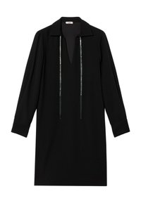 Zwarte jurk met een kraag, lange mouwen en een V-hals. Voorzien van decoratieve linten met een kralenaccent aan de voorkant. Gladde textuur.