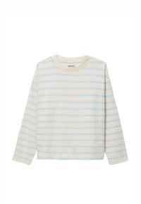 Haut à manches longues couleur crème avec des rayures horizontales bleu clair. Doté d'un col rond et fabriqué en coton doux. Coupe décontractée avec une texture lisse.