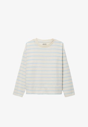 Haut à manches longues couleur crème avec des rayures horizontales bleu clair. Doté d'un col rond et fabriqué en coton doux. Coupe décontractée avec une texture lisse.