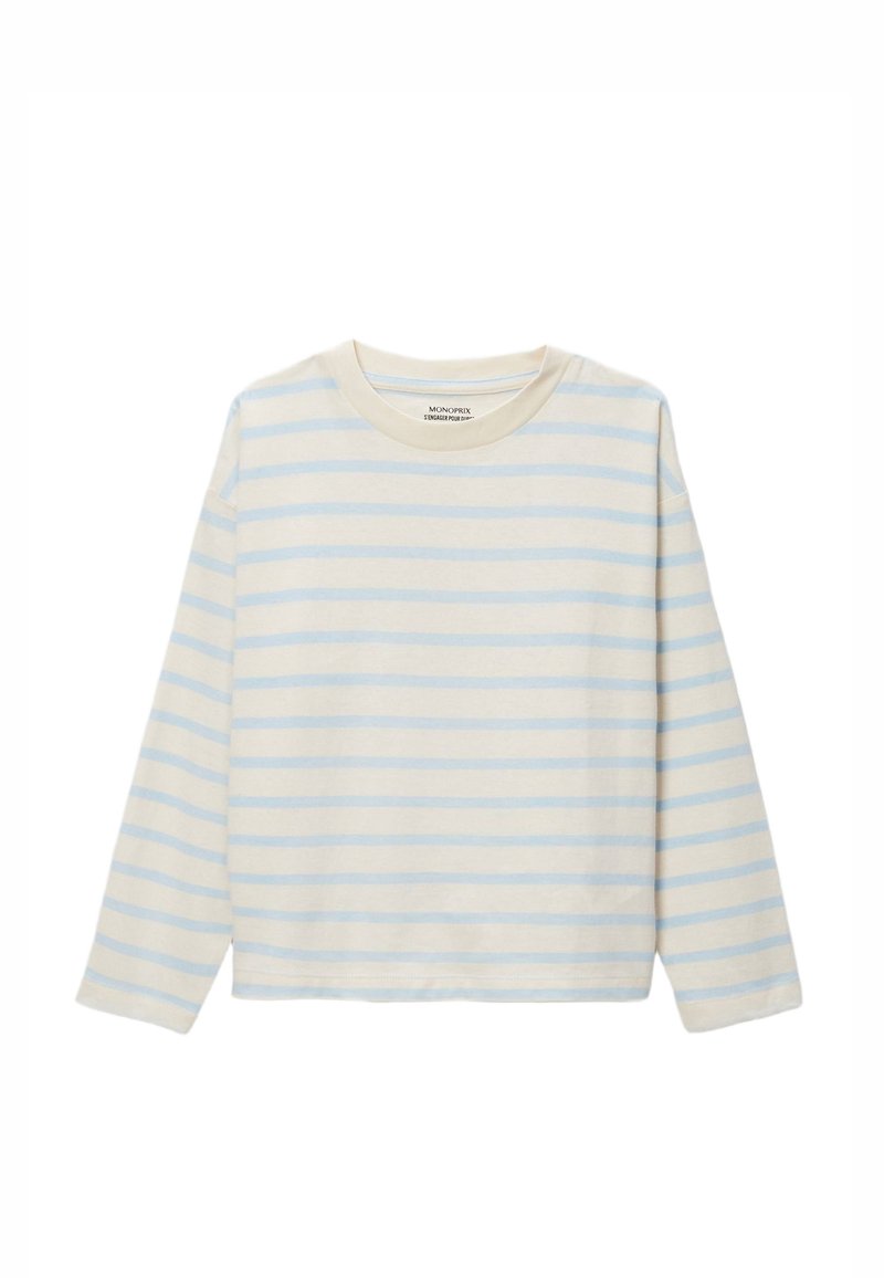 Haut à manches longues couleur crème avec des rayures horizontales bleu clair. Doté d'un col rond et fabriqué en coton doux. Coupe décontractée avec une texture lisse.
