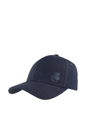 Dark navy blue baseball cap with curved brim and subtle embroidered logo on the front panel against a white background.