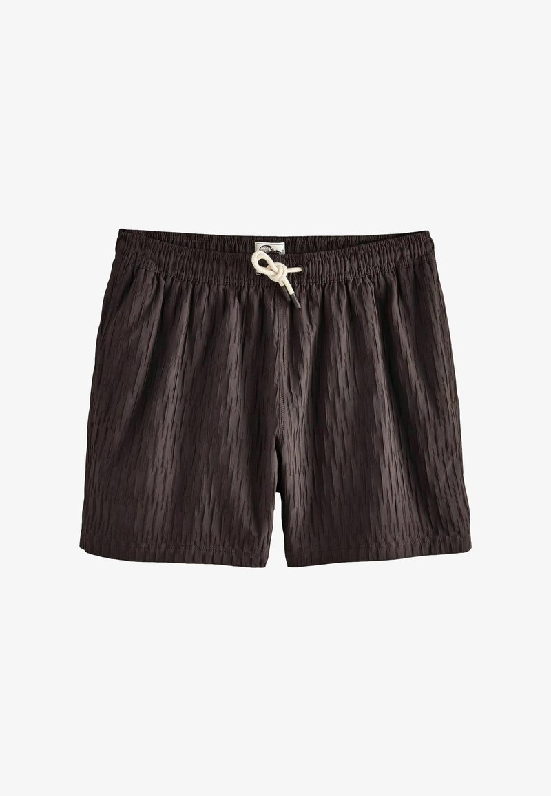 Short de bain noir texturé avec taille élastique et cordon blanc noué en nœud au centre devant.