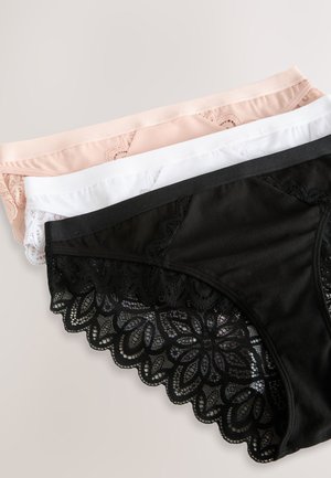 Ensemble de trois sous-vêtements pour femmes : rose, blanc et noir avec bordure en dentelle. Les matériaux sont doux et extensibles, avec des motifs floraux en dentelle sur les bords.