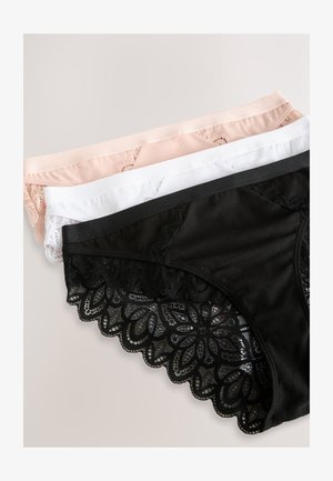 Dreier-Set Damenunterwäsche: Rosa, Weiß und Schwarz mit Spitzenbesatz. Die Materialien sind weich und elastisch, mit floralen Spitzenmustern am Rand.