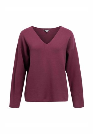 Bordeauxfarbener V-Ausschnitt-Pullover, mit langen Ärmeln und lässiger Passform, aus weichem Material mit glatter Textur.