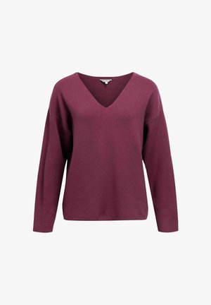 Maglione pullover borgogna con scollo a V, caratterizzato da maniche lunghe e un fit morbido, realizzato in un tessuto soffice con una texture liscia.
