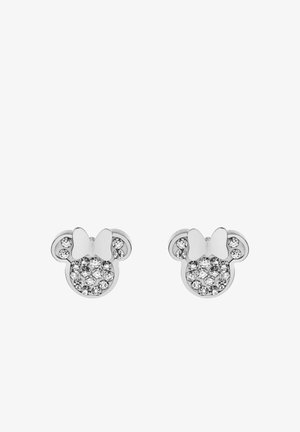 Boucles d'oreilles en argent en forme de Mickey Mouse, ornées d'un nœud et décorées de cristaux transparents pour apporter éclat et brillance.