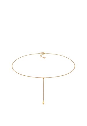 Collar gargantilla de cadena de oro delicada con un colgante en forma de gota que cuelga del centro y un pequeño cierre ajustable en la parte trasera.