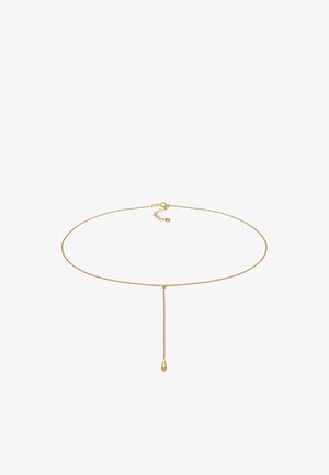 Delikatny złoty choker z łańcuszka z zawieszką w kształcie kropli wiszącą na środku oraz małym regulowanym zapięciem z tyłu.