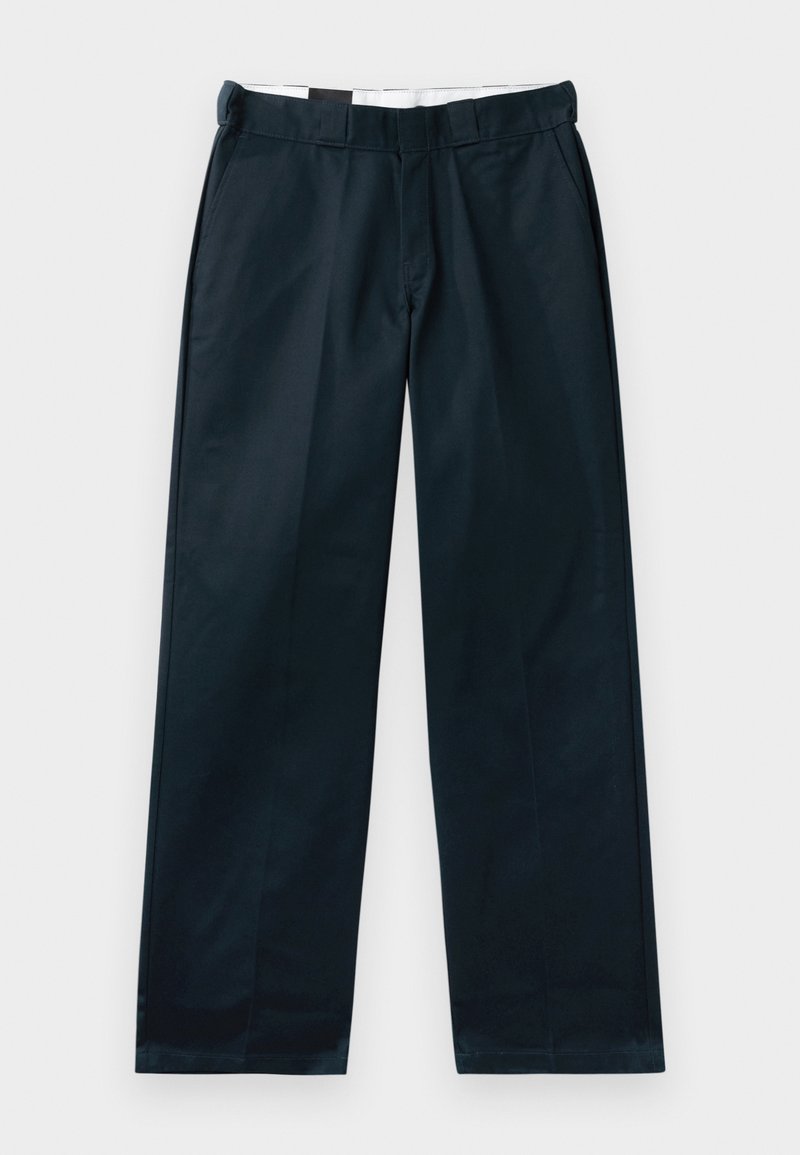 Marineblau, weite Bein-Hosen aus glattem Stoff. Mit flachem Vorderteil, einem Bund mit Gürtelschlaufen und ohne sichtbare Taschen oder Akzente.